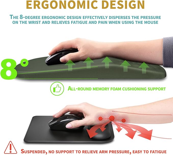 Hokafenle Ergonomic Mouse Pad Wrist Support with Massage Design, Wrist Rest Mousepad with Memory Foam&Non-Slip PU Base, Mouse Pads for Wireless Mouse & Desk (12x8 inch,Olive Green)