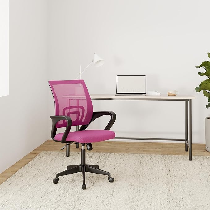 BestOffice | Ergonomic Office Chair | Mid-Back Swivel Desk Chair | Breathable Backrest & Lumbar Support | Adjustable Height | Sponge Seat | Rolling Wheels | Pink | for Adults & Women