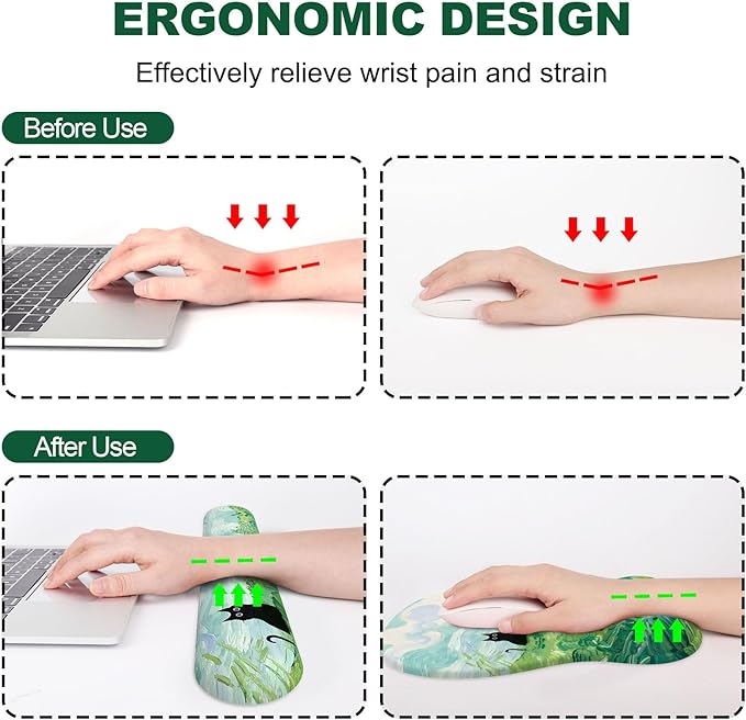 Ergonomic Mouse Pad with Wrist Rest and Keyboard Wrist Rest, Gel Mousepad and Wrist Rest for Computer Keyboard, Non-Slip PU Base, Mouse Pad with Wrist Support for Gaming, Office, Cat