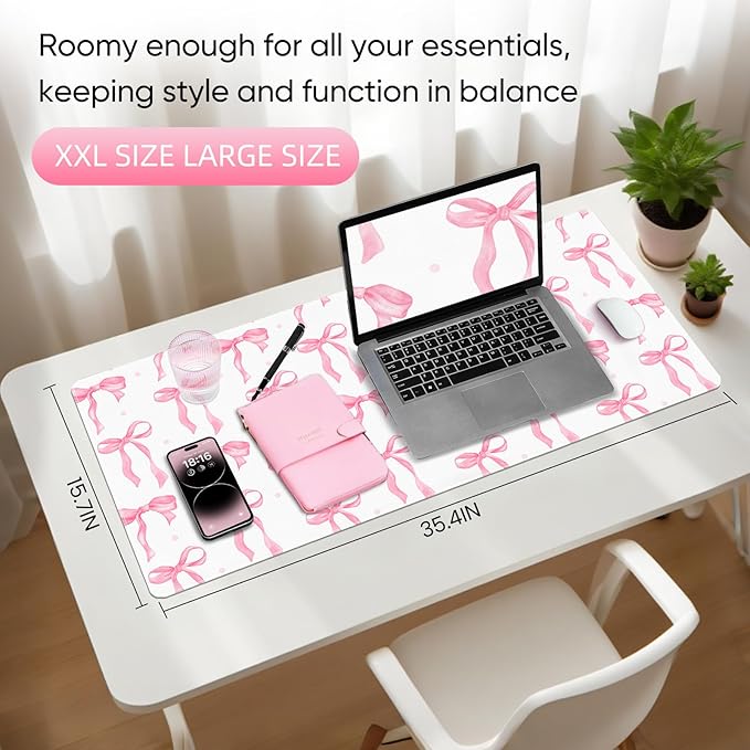 Desk Mat, XXL Large Mouse Pad,Leather Desk Pad Blotter Protector,Computer Laptop Mouse Pads for Desktop,Waterproof Writing Anti-Slip Mousepad for Office and Home I Pink Bow Girly