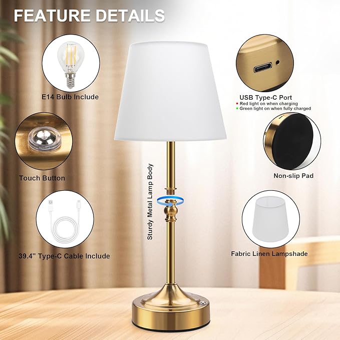 Rechargeable Cordless Table Lamp, 5000mAh Battery Operated Lamp, Wireless 3-Level Dimmable Touch Lamp, Portable Night Bedside Brass Lamp, Desk Light for Home Decor, Patio, Restaurant, Dinning