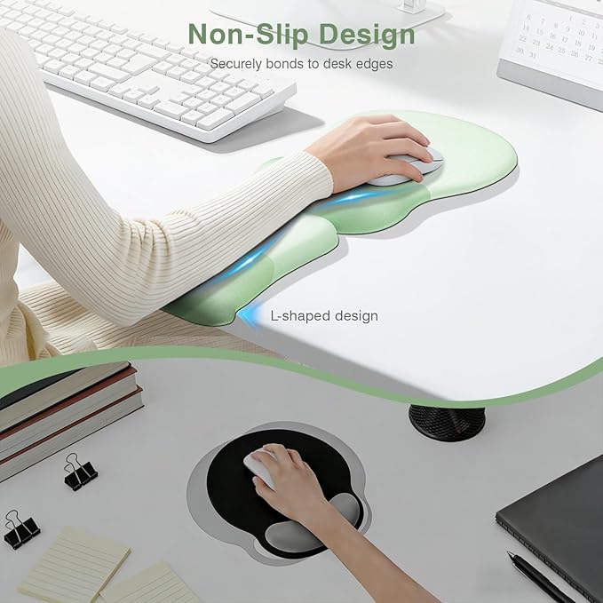 Ospelelf Mouse Pad with Wrist Rest Set Foam L-Shaped Desk Elbow Pad Ergonomic Desk Edge Cushion Anti-Slip Rubber Bottom Office Women Desk Accessories for Computer, Laptop and Gaming, Light Green