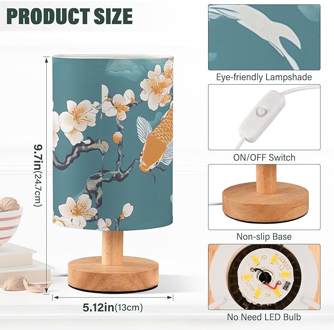 Luck Fish LED Table Lamp, Bedside Lamp with Linen Lampshade, Flicker-Free Eye Care USB Plug in Nightstand Lamp, for Bedroom and Office