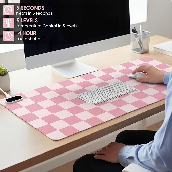 Konohan Heated Large Desk Mat PU Leather Cute Warm Mouse Pad with 5 Heating Level & 4 Hour Auto Shut-Off Heating Keyboard Pad Warmer Gaming Mice Mat Only Supports 110v(Pink Checkerboard, 31.5" X 13")
