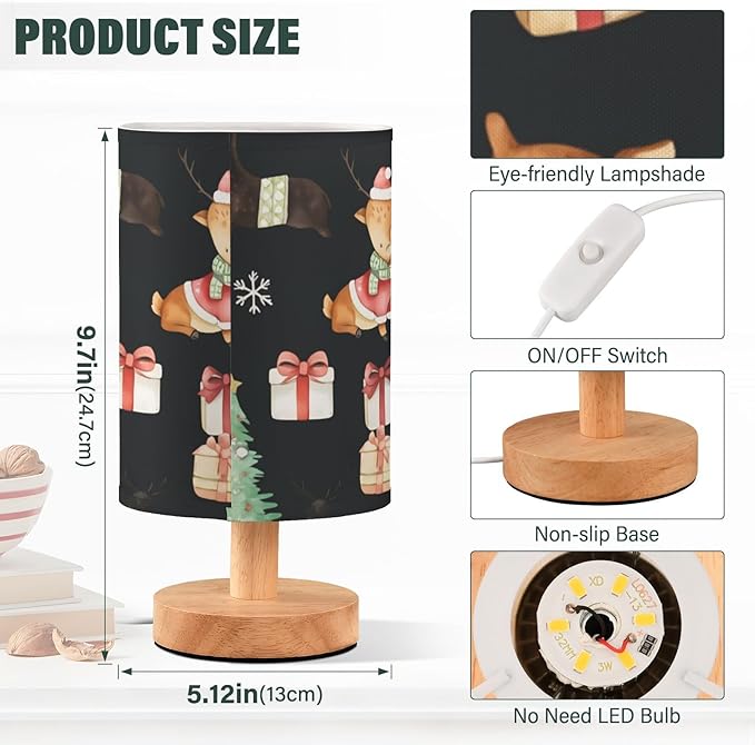 Christmas Cartoon LED Table Lamp, Bedside Lamp with Linen Lampshade, Flicker-Free Eye Care USB Plug in Nightstand Lamp, for Bedroom and Office