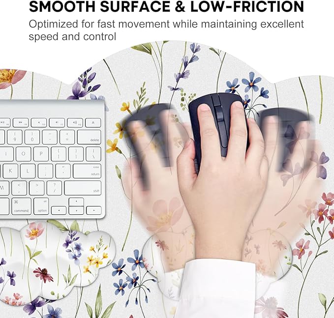 JIKIOU Large Cloud Mouse Pad Waterproof with Cloud Keyboard Wrist Pad and Cloud Mouse Wrist Pad Set, Ergonomic Computer Desk Wrist Support Mousepad for Keyboard and Mouse 35.4x15.7in White Flowers