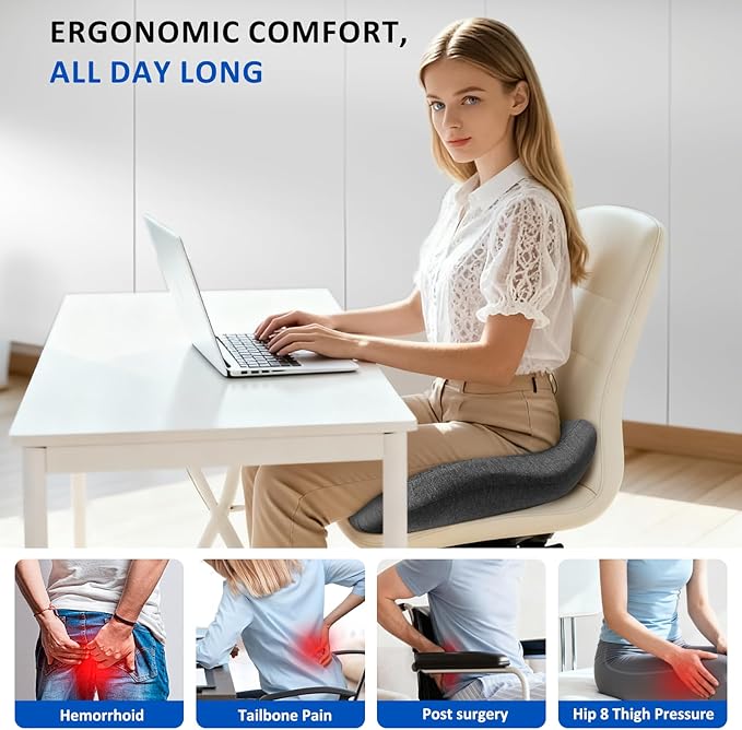 Thickened Seat Cushions for Office Chairs, Ergonomic Memory Foam Seat Cushion, Sciatica Support Pillow for Long Sitting, Coccyx Cushion for Tailbone Support, Office, Car, Pregnancy, Wheelchair