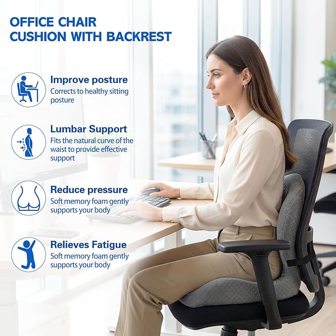 Office Chair Cushion for Tailbone & Back Support, Strong Lumbar Support Ergonomic Cushions, Comfortable Memory Foam Cushion for Pressure Relief, Suitable for Office Chairs, Home Chairs, Car