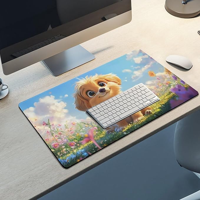 Large Ergonomic Gaming Mouse Pad Fluffy Puppy in Sunny Meadow - Cute Dog Theme with Non-Slip Base Water-Resistant Surface and Stitched Edges 40X75cm