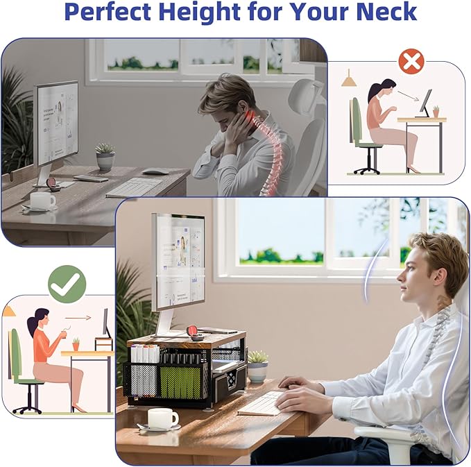 Simple Trending Desk Organizers and Accessories, 2 Tier Monitor Stand Riser with Drawer and 2 Pen Holder for Offices and Dormitories (Wood)