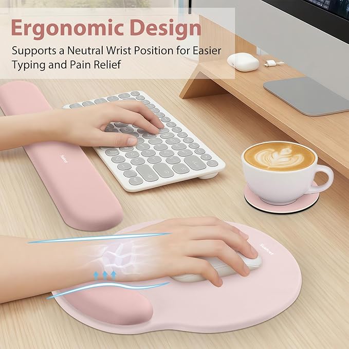 Mouse Pad and Keyboard Wrist Rest, 3-in-1 Gel Memory Foam Ergonomic Mouse Pad with Wrist Rest Set, Gaming Mousepad Arm Cushion Support for Computer Office Desk Accessories Cute Setup, Pink