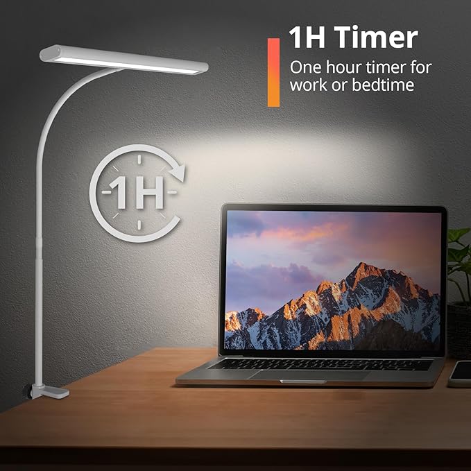 Desk Lamp with Remote, Adjustable Brightness, Eye-Caring LED Light, Rotatable Head, USB with Adapter, Space-Saving Design for Office, Study, Reading, Work, and Home Desktop Illumination - White