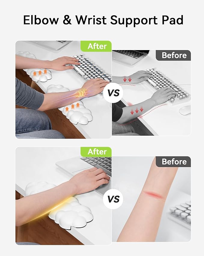 Elbow Pad for Desk, L-Shaped Desk Edge Arm Rest Cloud Wrist Rest, Non-Slip Memory Foam Wrist Pads, 2-Pack White Wrist Support for Keyboard, Mouse, Laptop