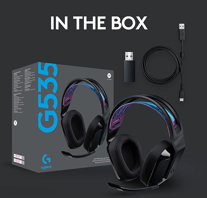 Logitech G535 Lightspeed Wireless Gaming Headset - Lightweight on-Ear Headphones, flip to Mute mic, Stereo, USB Rechargeable - Black