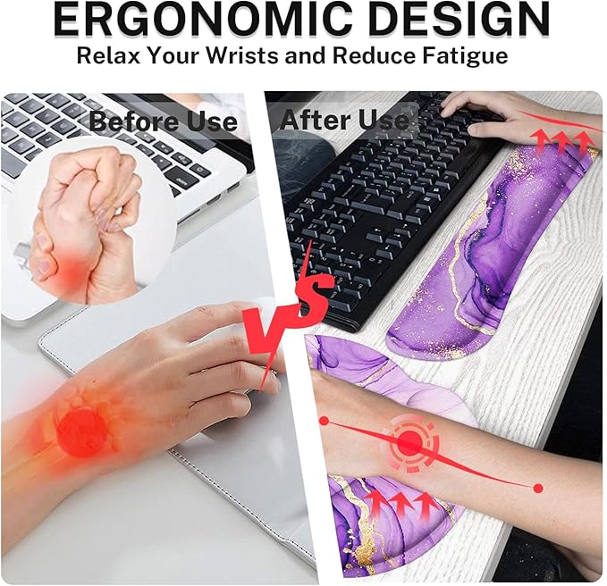 Arttown Purple Gold Marble Desk Mat Abstract Marble Mouse Pad Set 4 in 1 Ergonomic Design Large Mousepad + Keyboard Wrist Rest + Mouse Wrist Rest + Coaster Suitable for Home Office Study Game