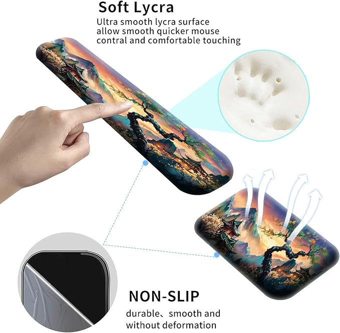 4PC Japanese Large Gaming Mouse Pad + Memory Foam Ergonomic Keyboard Wrist Rest Support + Wrist Rest + Coaster, Extended Desk Pad Set, Stitched Edge Non Slip Desk Mat for Office & Home, Japanese