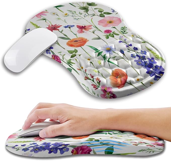 Ergonomic Mouse Pad Wrist Support with Memory Foam Massage Bulge, Carpal Tunnel Mousepad Wrist Rest for Mouse(12x8 inch, Flowers)