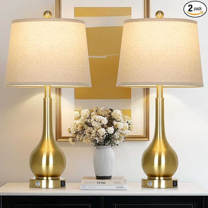 26" Gold Lamps Set of 2 for Living Room, Touch Control Table Lamps for Bedroom, 3-Way Dimmable Bedside Lamps for Nightstand with with USB A+C Ports (2 LED Bulbs Included)