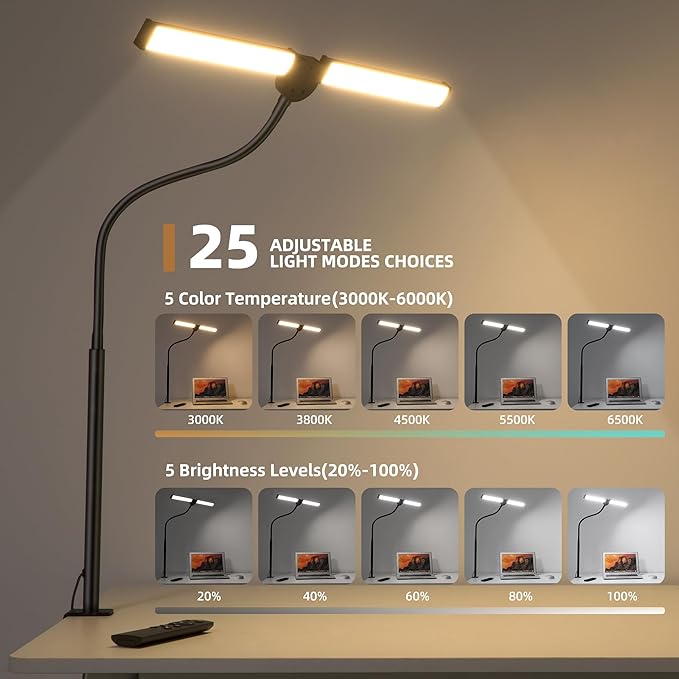 Led Desk Lamp for Home Office, Eye-Care Architect Light with Clamp, Smart Double Head Computer Monitor Table Clip Lamp, Adjustable Flexible Goose-Neck, 25 Lighting Models, Task Lamp, Black