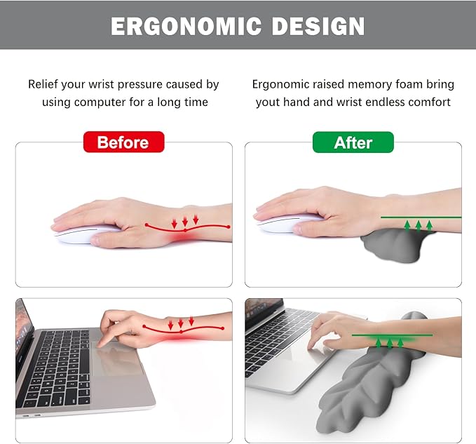 Keyboard Wrist Rest Pad Set, Leaf Shape PU Leather Memory Foam Wrist Cushion Support,Mouse Wrist Rest Pad,Non-Slip Wrist Support for Easy Typing, Grey Leaf