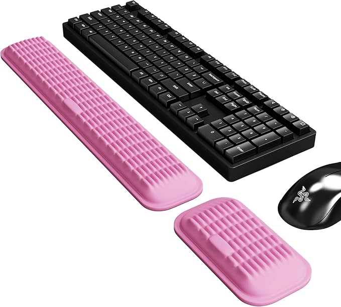 MEKASS Ergonomic Wrist Rest for Keyboard and Mouse, Soft Memory Foam Keyboard Wrist Rest Set with Non-Slip Silicone Base, Easy Typing, Comfort for Office, Work, Gaming (Pink)