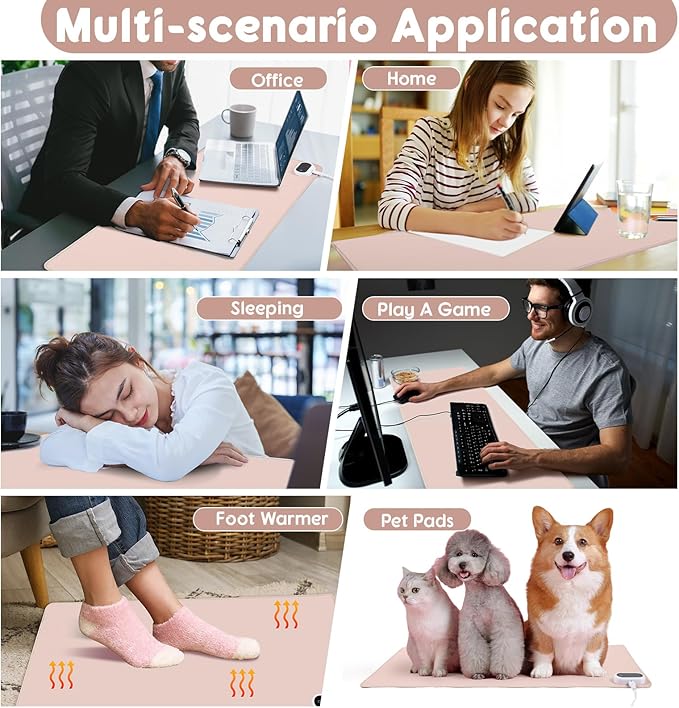Konohan Heated Desk Pad Warm Mouse Pad, 5 Heating Level & 4 Hour Auto Shut-Off, PU Leather Warm Mouse Mat Heating Keyboard Gaming Mice Warmer Mat Only Supports 110v(Khaki Color,31.5" X 13")