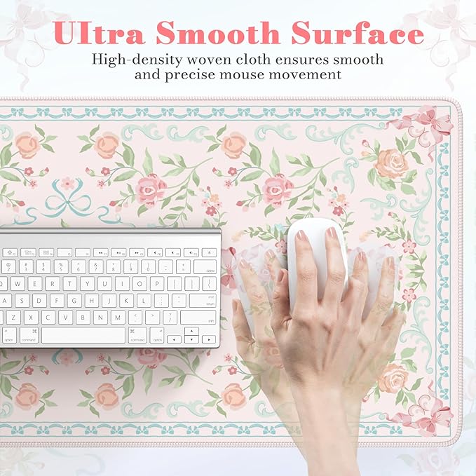 HAOCOO Blue Desk Mat, Cute Bow Keyboard Mat, Floral Desk Mouse Pad for Women, 35.4" x 15.7" Non-Slip Waterproof Desk Pad, Computer Mat with Edge Stitching for Office, Home Desk Cover