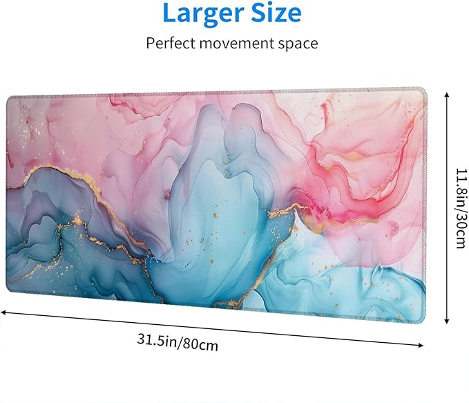 Pink Cyan Marble Desk Mat Blue Gold Marble Mousepad XL Large Gaming Mouse Pad Laptop Keyboard Mat Desk Pad 31.5"x11.8" Office Home Decor for Women Girl