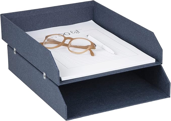 Bigso Box of Sweden Hakan Canvas Letter Trays - Pack of 2 - Desk Paper Organizer Tray with Stable Rubber Feet for A4 or Letter Size Documents - 9.1in x 12.2in x 2.4in - Blue