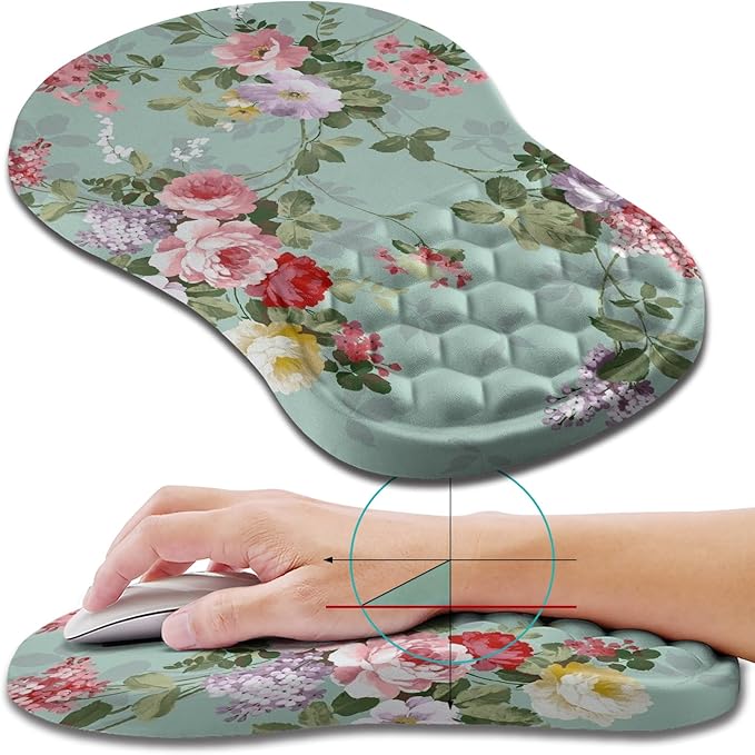 Hokafenle Ergonomic Mouse Pad Wrist Support, Wrist Rest Mousepad for Carpal Tunnel with Integrated Memory Foam Slope Massage Bulge (11.8x7.9 inch,Graceful Peony)