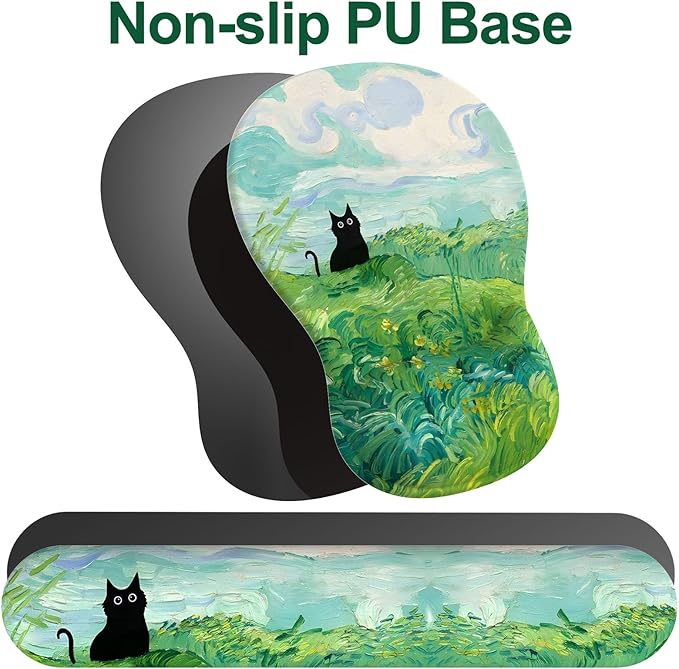 Ergonomic Mouse Pad with Wrist Rest and Keyboard Wrist Rest, Gel Mousepad and Wrist Rest for Computer Keyboard, Non-Slip PU Base, Mouse Pad with Wrist Support for Gaming, Office, Cat
