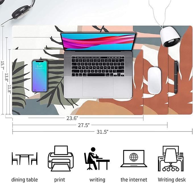 Desk Mat Large Protector Pad 27.5" ×13.8", Non-Slip PU Leather Desk Blotter, Waterproof Mouse Pad for Office Home Abstract Leaf