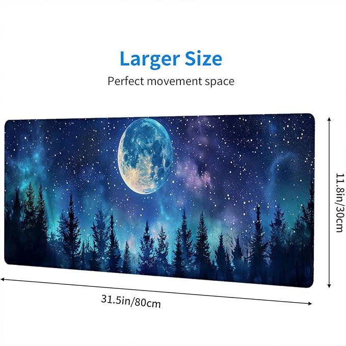 Starry Sky Forest Desk Pad Mouse Pad Moon Stars Galaxy Forest Aurora XL Mouse Pad Large Mousepad Extended Laptop Keyboard Mat Gaming Desk Pad Mouse Mat 31.5"x11.8" Office Computer Keyboard Laptop Home