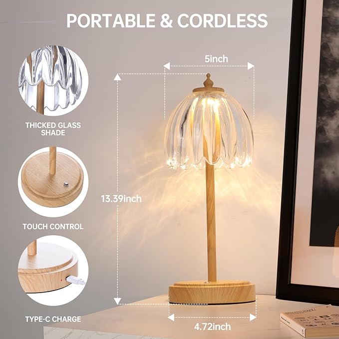 Tulip Table Lamp with 5200mAh Battery & Touch Control, Small Cordless Table Lamp with 3 Colors, Rechargeable Battery Operated Table Lamps for Bedroom, Desk, Bedside (Transparent-Beech Color)