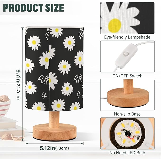 Black Daisy LED Table Lamp, Bedside Lamp with Linen Lampshade, Flicker-Free Eye Care USB Plug in Nightstand Lamp, for Bedroom and Office