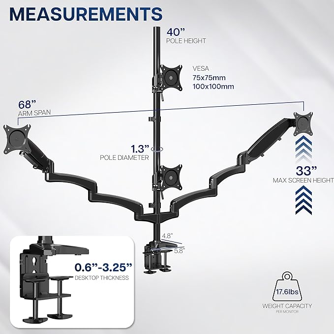 VIVO Quad Pneumatic Monitor Mount for 4 Screens up to 32 inches, Fully Adjustable, Heavy Duty Desk Stand with C-Clamp, Black, STAND-V400G