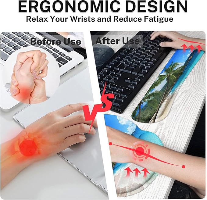 Arttown Tropical Sunshine Beach Desk Mat Summer Ocean Mouse Pad Set 4 in 1 Ergonomic Design Large Desk Pad + Keyboard Wrist Rest + Mouse Wrist Rest + Coaster Suitable for Home Office Study Game