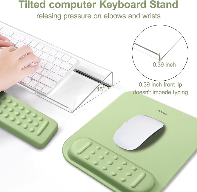 MOSISO Computer Keyboard Stand&Wrist Rest Support for Keyboard &Mouse Pad Set, Ergonomic Massage Wrist Rest Set, Easy Typing Working Acrylic Clear Stand for Office Home, Sage Green