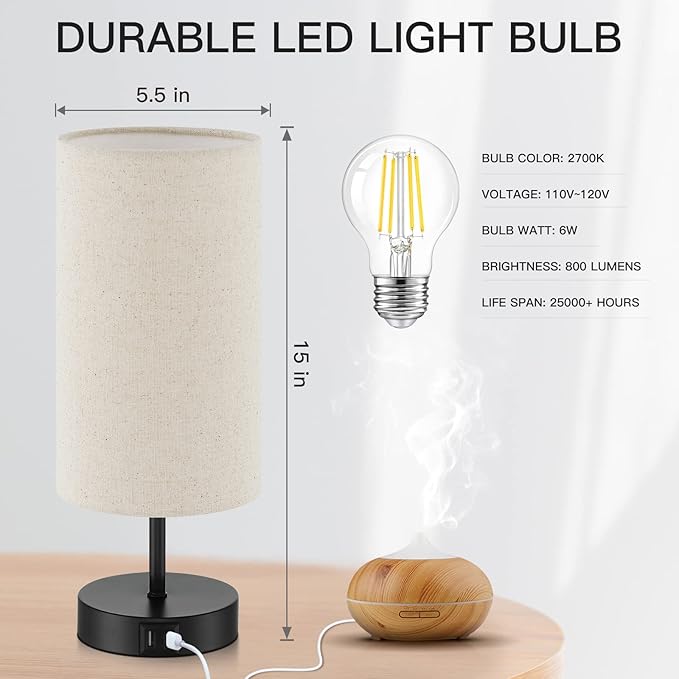 Touch Control Bedside Lamp with 2 USB Ports, 3-Way Dimmable Table lamp for Bedroom, Nightstand Lamp with Round Linen Fabric Shade for Living Room Home Office (E26 LED Bulb Included)