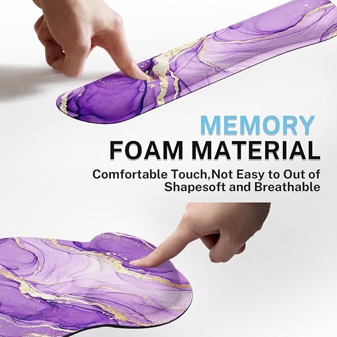 Britimes Purple Gold Marble Ergonomic Mouse Pad Set with Wrist Rest Non-Slip Rubber Base Wrist Cushion Support and Coasters Mousepad with Wrist Support for Computer Keyboard and Desk