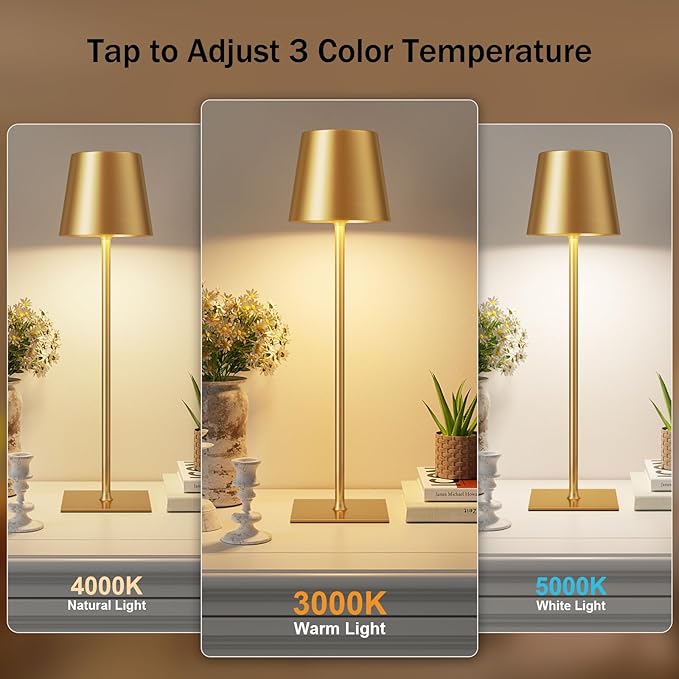 Gold Cordless Rechargeable Table Lamp, 2 Pack Portable Desk Lamp with 5000mAh Battery, Touch Control Stepless Dimming, Wireless Night Light for Dining, Outdoor Camping, Coffee Shop, Waterproof Design