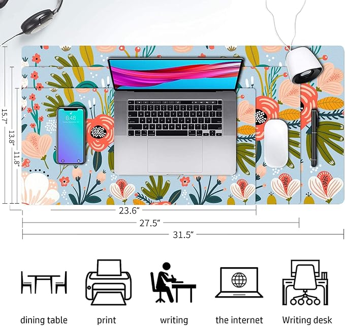 Desk Mat Large Protector Pad 27.5" ×13.8", Non-Slip PU Leather Desk Blotter, Waterproof Mouse Pad for Office Home Blue Floral