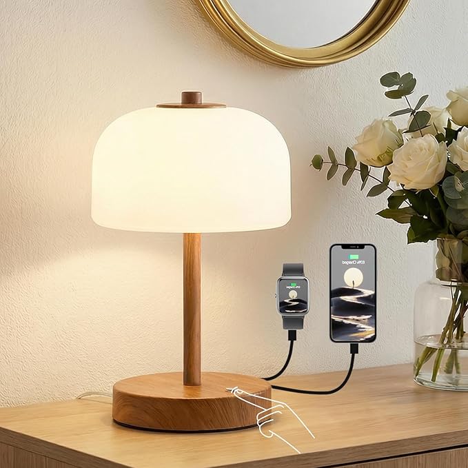 Oneach 9.5" Touch Control Table Lamp with USB A+C Charging Ports, Wood Grain Dimmable LED Bedside Lamp with 3 Color Temperatures, Small Modern Table Lamps for Bedroom Nightstand Living Room