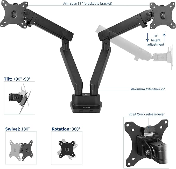 VIVO Premium Aluminum Full Motion Dual Monitor Desk Mount Stand with Lift Engine Arm, Fits Ultrawide Screens up to 35 inches, STAND-V102BB
