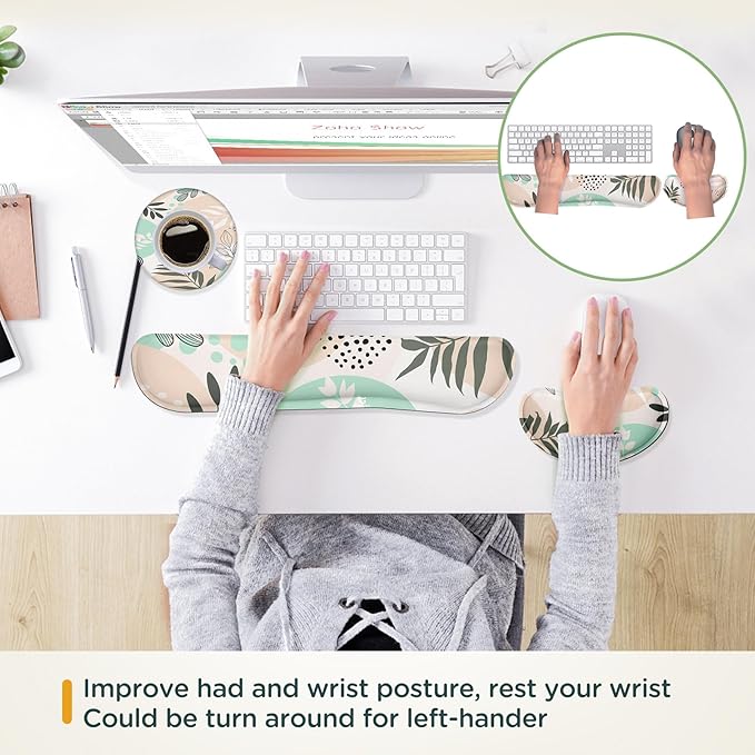 Gimars Enlarge Silky and Superfine Fabric Gel Memory Foam Keyboard Wrist Rest Set, Ergonomic Keyboard Mouse Wrist Support for Typing, Comfort for Office, Gaming, Computer-Morandi Beige