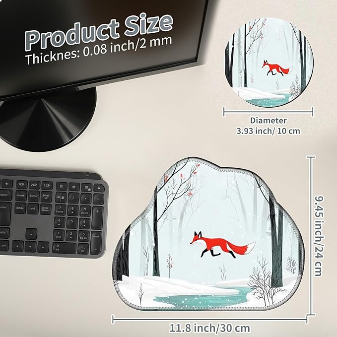 Cute Mouse Pad Plus 1 Coaster, Small Gaming Mouse Mat 11.8 x 9.45 inches, Travel Mouse Pads with Durable Stitched Edges Non-Slip Base, Winter Forest Fox Decor Mousepad for Office Home