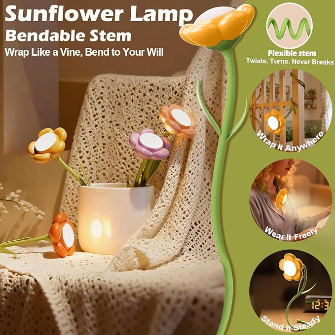 Sunflower Desk Lamp,Rechargeable Neck Reading Light with Adjustable Flexible Gooseneck 3 Color Modes Adjustable Brightness,Cute Desk Lamp for Kids,Great Gift for Kids,Friends(Yellow)