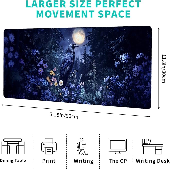 Raven and Moonlit Forest Gaming Mouse Pad,12x31.5in Non-Slip Rubber Gothic Desk Mat,Large Extended Goth Mystical Night Mousepad for Office Home Laptop,Mice Pads Gifts,Game Lover Deskmat Decor