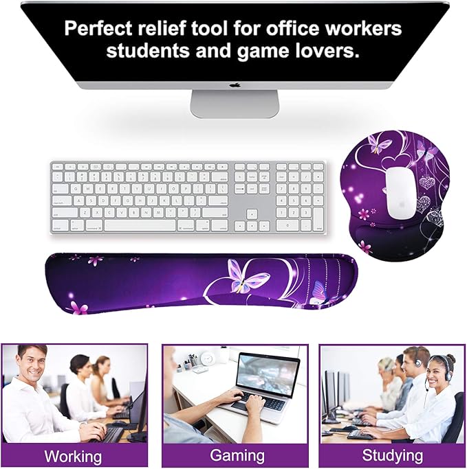 ArtSo Upgraded Wrist Rest Support for Mouse Pad & Keyboard, Ergonomic Gel Mousepad Non-Slip Rubber Base Home, Office Wrist Support, Easy Typing Cushion Neoprene, Soft Memory Foam, Purple Heart Butterfly
