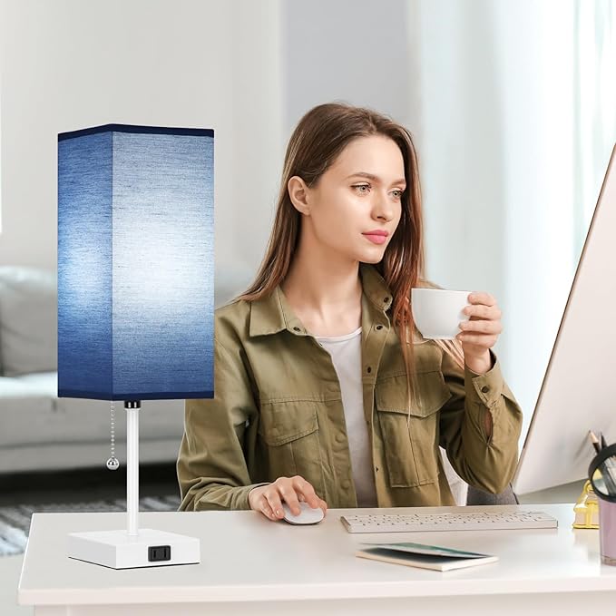18'' Table Lamp for Bedroom set of 2,3-Color Bedside Lamps with Pull Chain Table Lamps for Night stands ,Small Night Light Lamps with 2 Bulbs Lamps for Living Room Kids Room Office Decor（Blue+White）